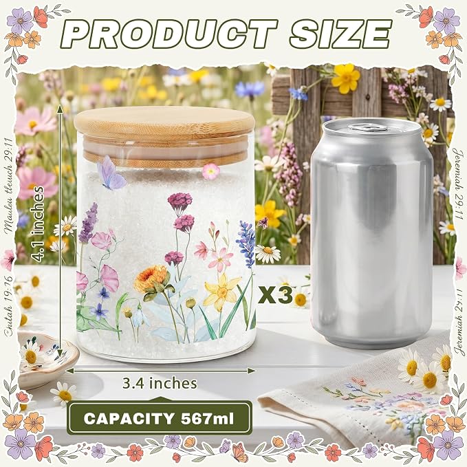 Spring Floral Glass Storage Jars with Lids, Candy Cookie Jars, 3Pcs | Wildflower Spring Canister Set for Kitchen Counter Butterfly Airtight Candy Cookie Containers for Girls - Image 3