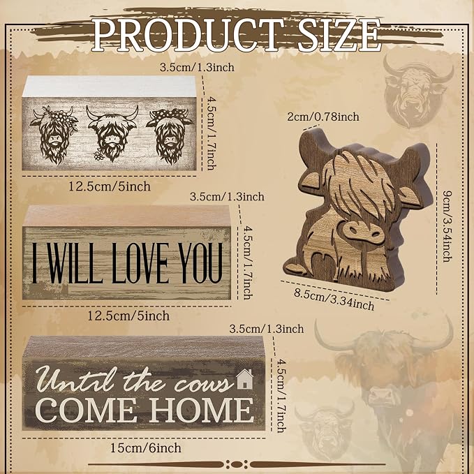 Moucuny 4 Pcs Highland Cow Table Decorations Rustic Western Tiered Tray Decor Decorative Highland Cow Block Signs Western Tabletop Centerpieces Farmhouse for Home Desk Room Kitchen Shelf Decor - Image 3
