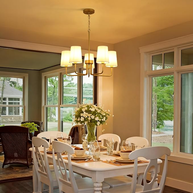Modern Farmhouse Chandelier, 5-Light Gold Chandelier White Fabric Shade, Height Adjustable Industrial Pendant Light for Kitchen Over Table, 25‘’Dining Room Light Fixture for Living Room - Image 3