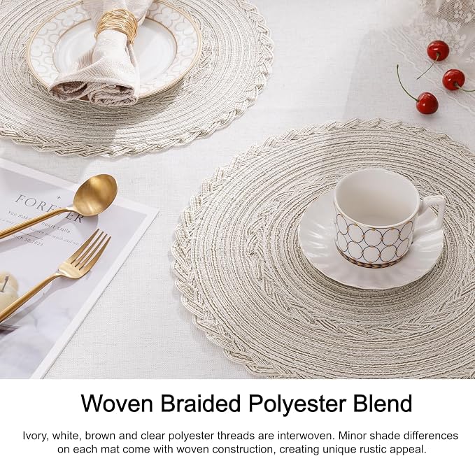 SHACOS 15 inch Round Braided Placemats Set of 12 for Dining Table Woven Boho Place Mats Kitchen Placemat Washable Table Mats, Ivory Bordered - Image 5