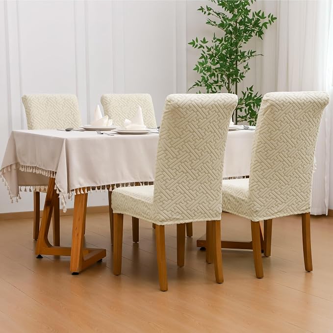 FORCHEER Dining Room Chair Covers Set of 6 Beige Jacquard Stretch Parsons Chair Slip Covers Washable Removable - Image 2