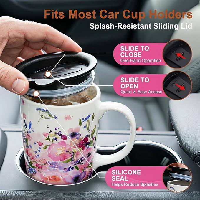 Topadorn 17oz Ceramic Travel Mug with Lid, Floral Coffee Mug with Handle | 17oz Ceramic Travel Mug • Floral Watercolor Design • Spill-Resistant Lid • Microwave & Dishwasher Safe • Gift Box - Image 4