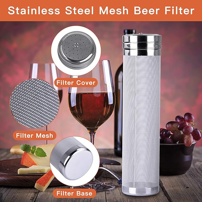 Beer Brewing Dry Hopper Filter Akamino 300 Micron Mesh Stainless Steel Hop Filter Strainer with Nylon Bristles for Home Beer Brewing Home Coffee