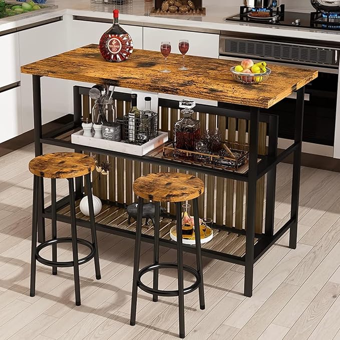 AWQM Kitchen Island with Seating & Storage Shelf, Modern Bar Table and Chairs Set for 2, Wooden Island Table for Kitchen, Dining Table Set for Small Space, Walnut Color - Image 2