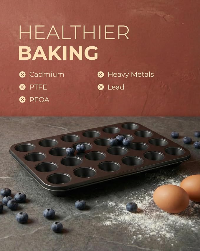 CARTMAN 24-Cup Mini Muffin Pan, Nonstick Carbon Steel Mini Cupcake Tin | Includes 200 paper liners, 24-cup nonstick carbon steel, oven safe 450°F, ideal for egg bites, mini cupcakes & brownies - Image 4