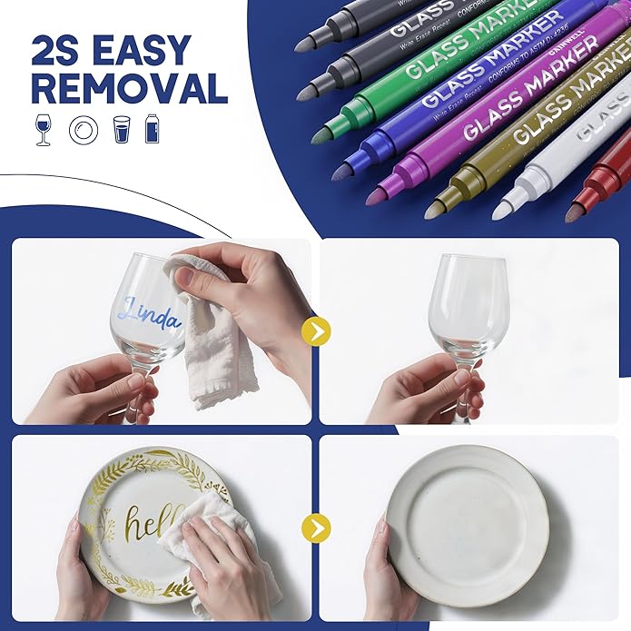 GAINWELL Metallic Wine Glass Markers 8Pcs, Non-Toxic, Food-Safe, Dishwasher-Safe, Wine Glass Marker Pens for Ceramic Plates, Parties & Weddings