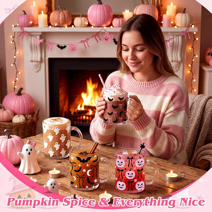 Tioncy 4 Pcs Halloween Coffee Mugs 12 oz Pink Pumpkin Glass Cups with Handle Pink Bow Coffee Cup Cute Ghost Bat Gifts Drinking Containers for Halloween Holiday Party Drinkware Accessories - Image 4