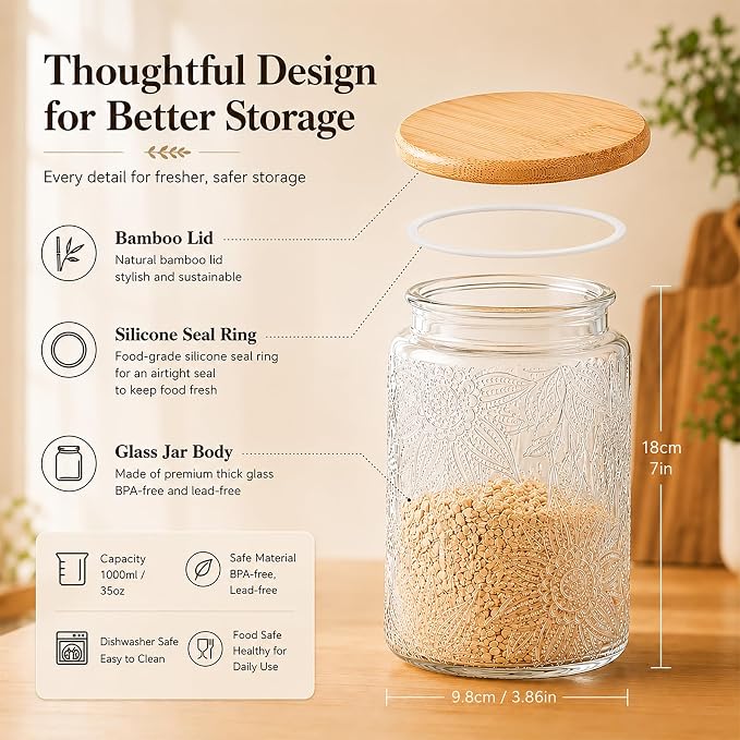 Glass Storage Jars with Airtight Bamboo Lid, 35 FL oz - Decorative Food Canisters for Kitchen Counter, Ideal for Sugar, Coffee, Tea, Candy, Cookies (35oz Large Sunflower) - Image 3