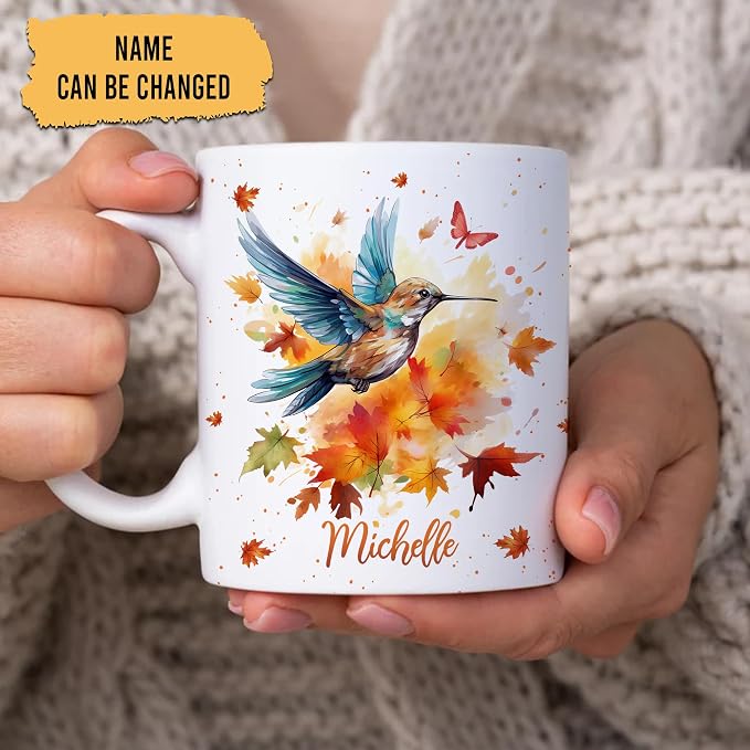 Hyturtle Personalized Fall Hummingbird Maple Leaves Coffee Mug | Birthday Gifts For Hummingbird Lovers - Fall Autumn Decor Gifts For Thanksgiving - Custom Name 11oz White Ceramic Tea Mug - Image 2
