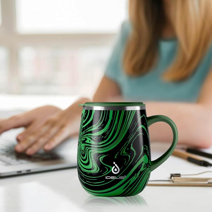 Ideus 16 oz (470 ml) Insulated Coffee Mug with Handle and Lid, Double Wall Stainless Steel Vacuum Thermal Coffee Mug, Travel Coffee Cup Thermal Cup for Home and Office (Green Zebra) - Image 6