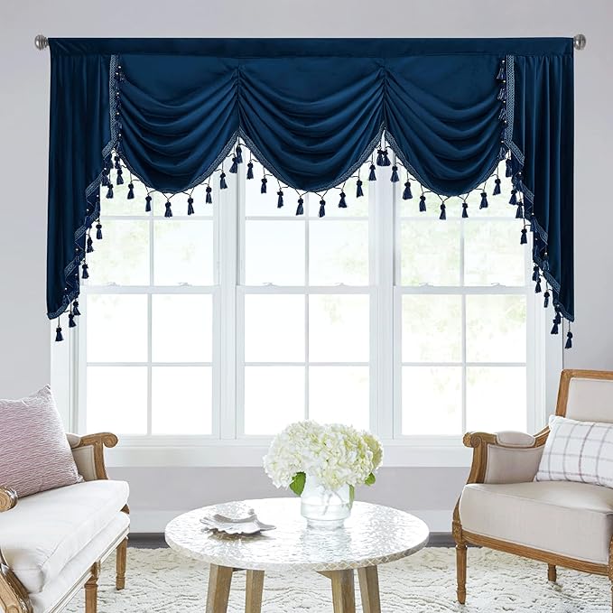 Navy Blue Waterfall Velvet Curtain Valances W79 inches, 1 Panel | Super Soft Velvet Fabric, Waterfall Swag Valances for Kitchen, Living Room, Extra Wide Room Divider Curtains for Dining Room by StangH