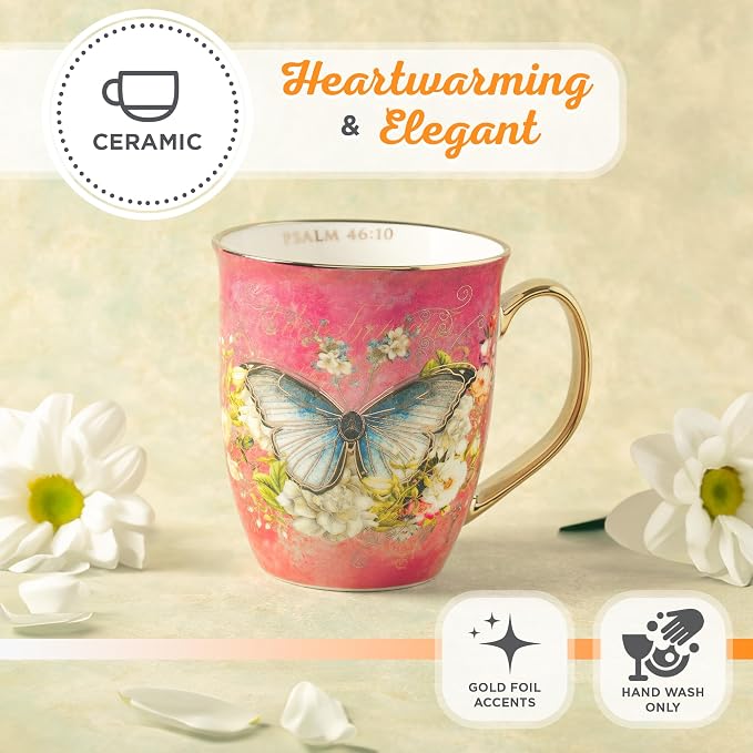 Christian Art Gifts Pink Butterfly Ceramic Coffee Mug with Gold Accents – 14 oz. Lead and Cadmium-free Inspirational Scripture Coffee and Tea Mug for Women with Bible Verse: Be Still – Psalm 46:10 - Image 4