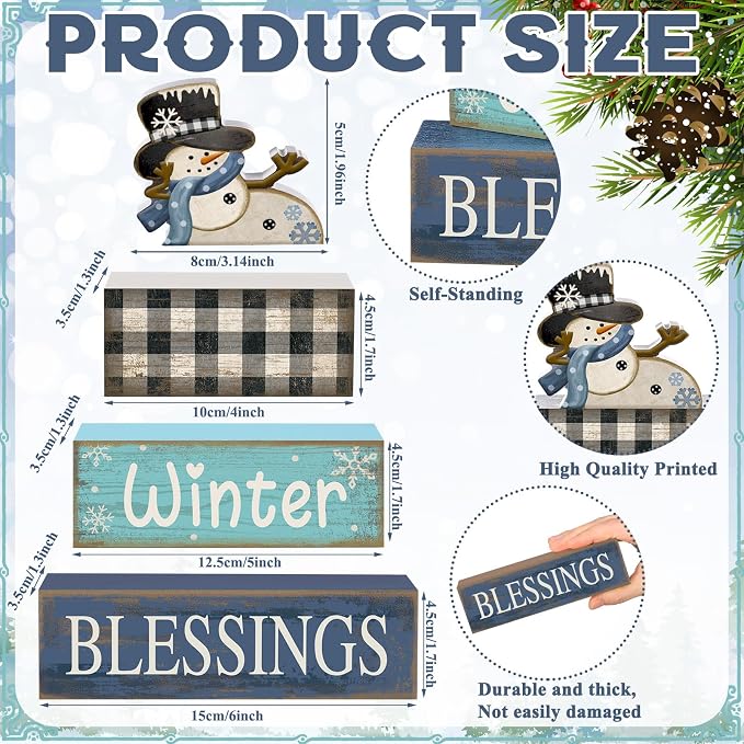 Moucuny 4 Pcs Winter Table Decorations Playful Snowman Decor Indoor Winter Tiered Tray Decor Rustic Wooden Decorative Snowman Block Sign Gift Snowflake Centerpiece Farmhouse for Home Kitchen - Image 5