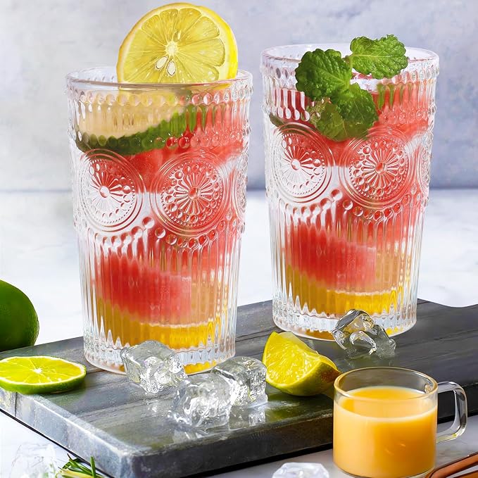 Loivttvv 6pcs Vintage Drinking Glasses Set, 12 oz Clear Highball Glasses, Embossed Ribbed Glassware Cups for Cocktail, Water, Juice, Coffee, Whiskey - Image 5