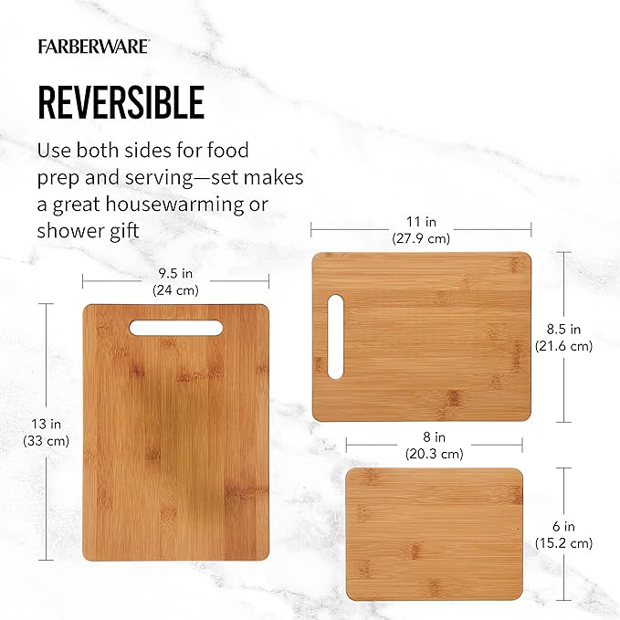 Farberware 3-Piece Wood Cutting Board Set, Reversible Chopping Boards for Meal Prep and Serving, Charcuterie Boards, Wooden Cutting Boards with Built-in Handles, Set of 3 Assorted Sizes, Bamboo - Image 5