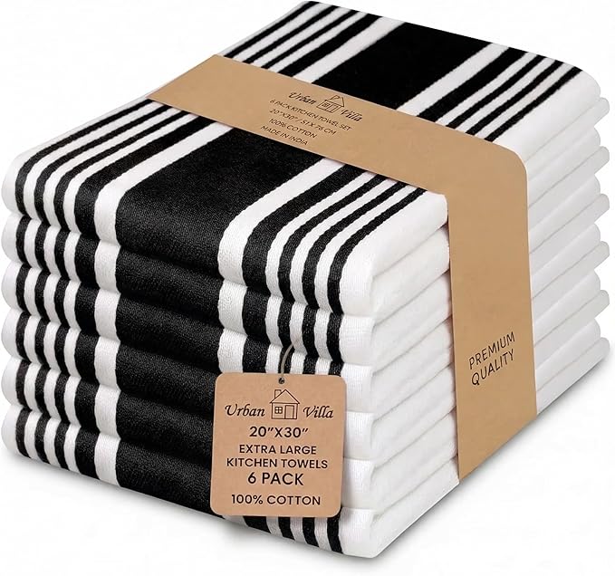Urban Villa Kitchen Towels Cotton Dish Towels 20”x30” (Set of 6) Black by CottonTrends