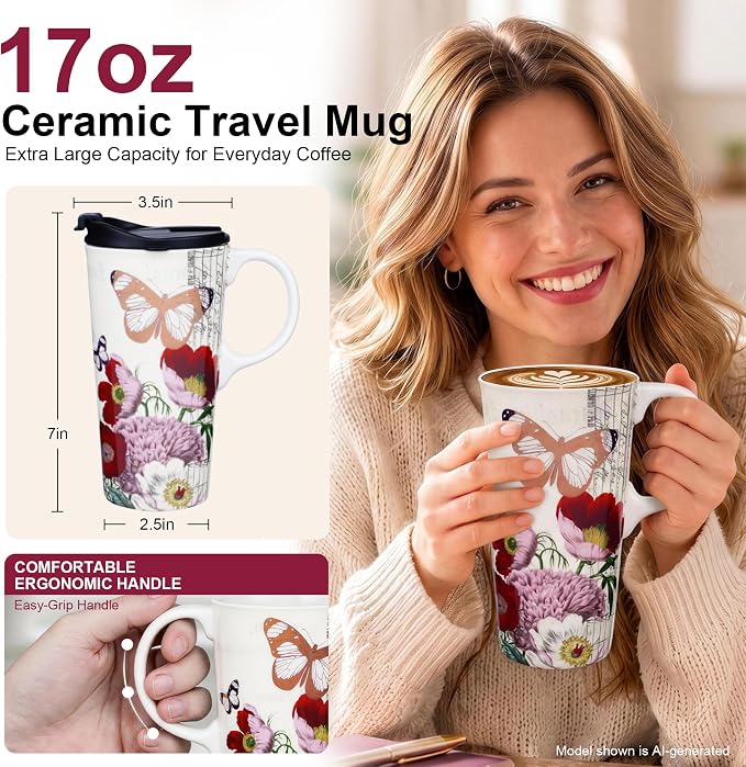 Topadorn 17oz Ceramic Travel Mug with Lid, Vintage Botanical Butterfly Mug | Vintage Botanical Butterfly Design, Comfortable Handle, Spill-Resistant Lid, Dishwasher Safe, Gift Box, Not Microwave Safe - Image 2