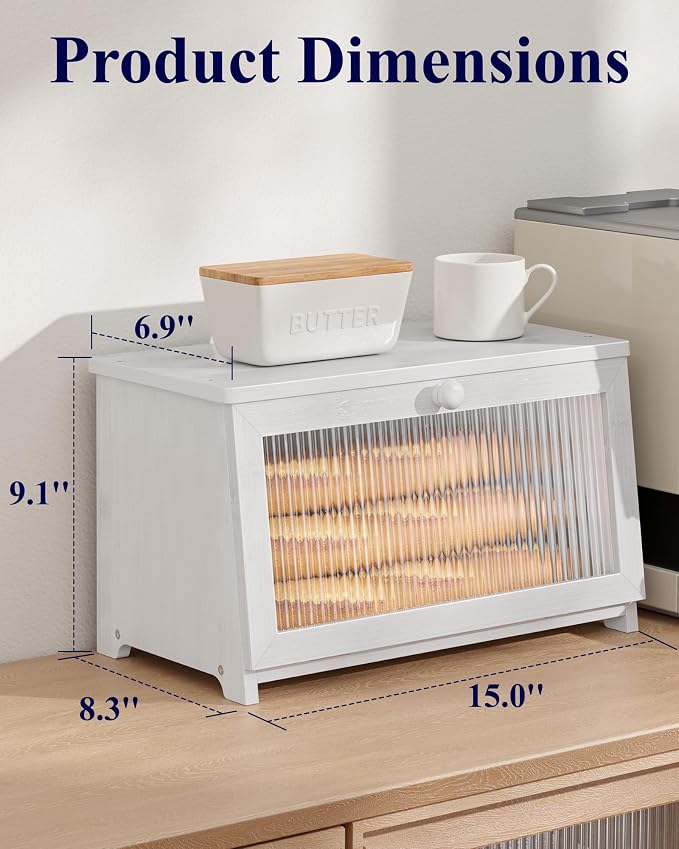 Kitsure Wooden Bread Box for Kitchen Countertop, 1-Tier, White | Large Capacity Kitchen Countertop Organizer, Stylish Bread Storage with Window, Multi-functional Container - Image 3
