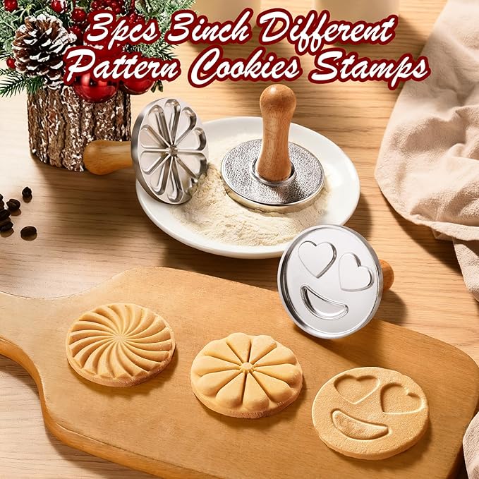 OPPEIN Cookie Stamps, Metal Christmas Cookies Press Cutter Mold with Wooden Handle, Cookie Decorating Supplies for DIY Baking, Cake, Pastry, Christmas (Silver-3*)