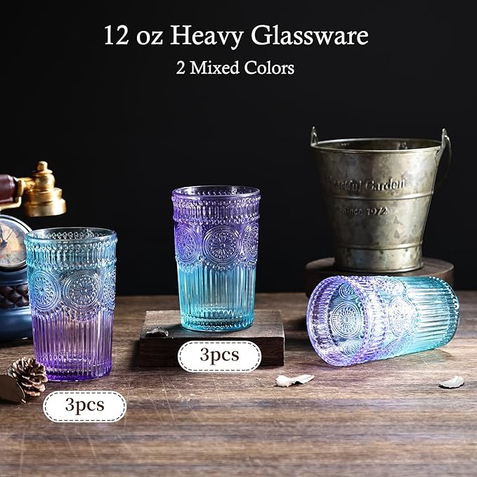 Loivttvv 6pcs Vintage Drinking Glasses Set, 12 oz Glass Cups, Embossed Ribbed Glassware Drinking Glasses for Cocktail, Water, Juice, Coffee, Whiskey - Image 2