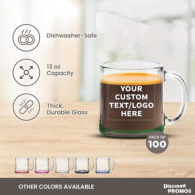 Custom Libbey Clear Glass Coffee Mugs 13 oz. Set of 100, Personalized Bulk Pack - Perfect for Coffee, Tea, Espresso, Hot Cocoa, Other Beverages - Green Bottom