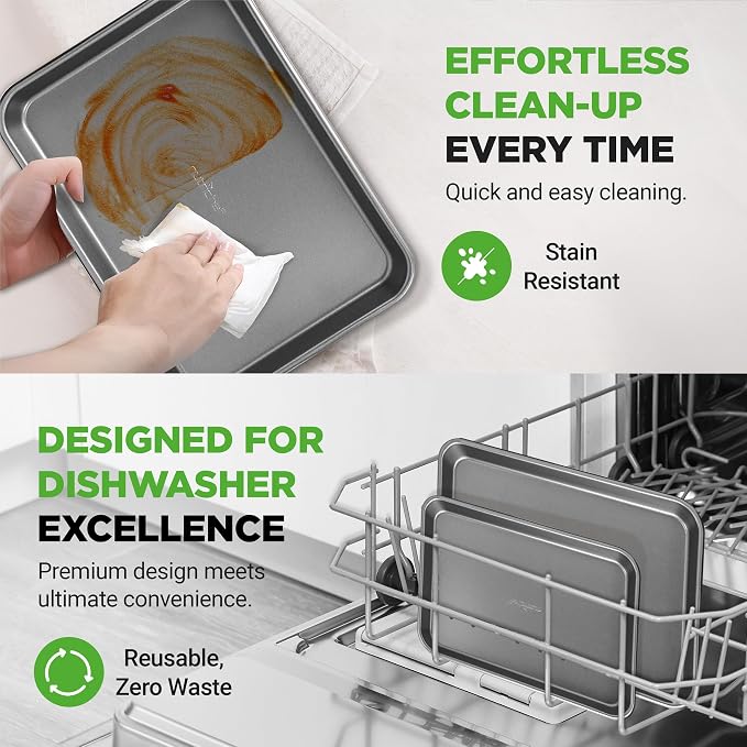 NutriChef 2-Piece Nonstick Cookie Sheet Baking Pan Set - Premium Bake Trays w/ Sleek Non-Stick Coating PFOA, PFOS, & PTFE Free - Large (15"x11") & Medium (13"x9") - Dishwasher Safe - Image 7