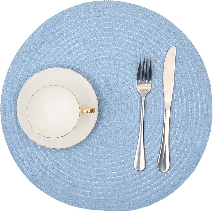 SHACOS Round Braided Placemats Set of 4 Washable 15 inch Round Non Slip Table Place Mats for Dining Tables (Light Blue, 4) - Image 2