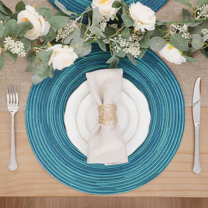 SHACOS 15 inch Round Placemats Set of 6 Variegated Multicolor Place Mats Cotton Polyester Braided Non Slip Washable Heat Resistant Table Mats for Home Wedding Dinner Party Table Decor, Rainbow Teal - Image 2