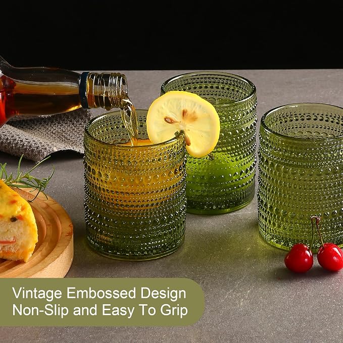 ZMOWIPDL Drinking Glasses Set of 6,12oz Green Hobnail Glass Cups | Vintage Glassware，Embossed Water Tumbler,for Beer,Cocktail,Whiskey,Juice and Various Mixed Drinks- 1 Cleaning Brush - Image 7