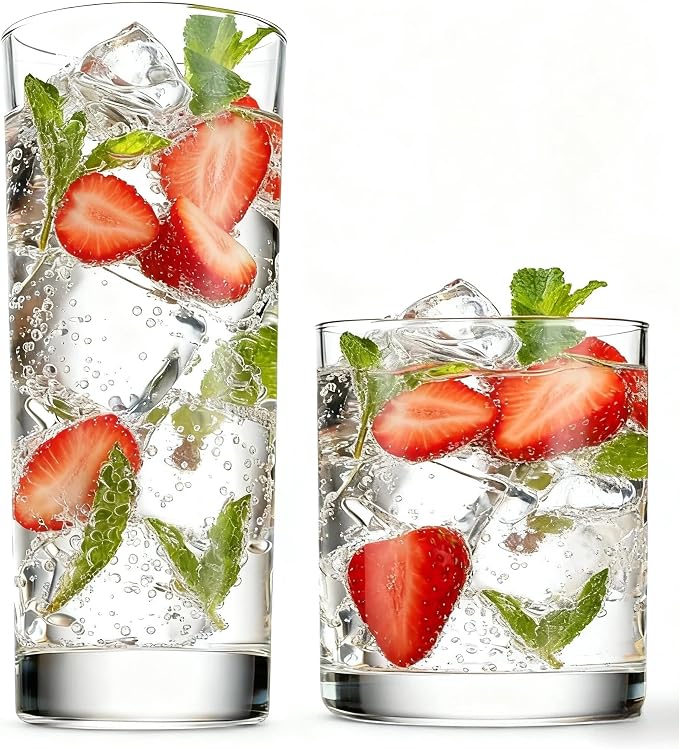 Everyday Drinking Glasses Set of 8, 14oz Tall Glass Cups & 10.5oz Short Dof Glasses Glass Water Cups, Hurricane Tumbler Drinkware for Cocktail, Iced Coffee, Beer, Tea, Wine, Whiskey by Farielyn-X