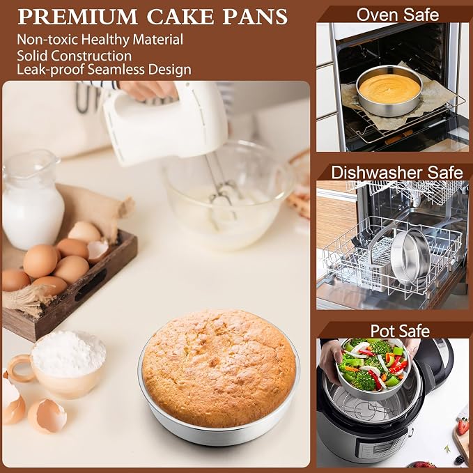 P&P CHEF 6 Inch Cake Pan Set of 4, Stainless Steel Round Cake Pans Tins | Baking Round Cake Bakeware for Birthday Wedding, Leak-proof & Mirror Finish & Easy Releasing, Dishwasher Safe - Image 7
