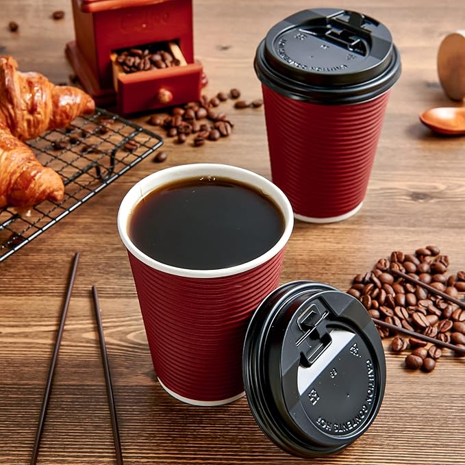 LITOPAK 80 Pack Insulated Ripple Wall 12 oz Disposable Paper Cups, Three Layer Insulated Hot Paper Coffee Cups with Lid and Straws for Parties, Picnics, and Travel