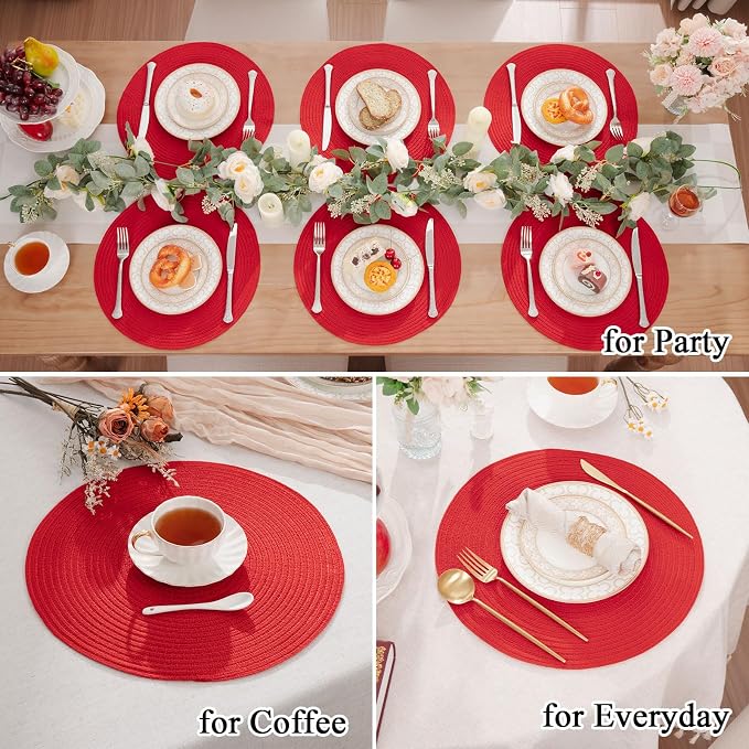 SHACOS 15 inch Round Placemats Set of 6 Braided Non Slip Washable Place Mats for Dining Tables Kitchen Table Mats Home Wedding Party Decor (Red, 6) - Image 8