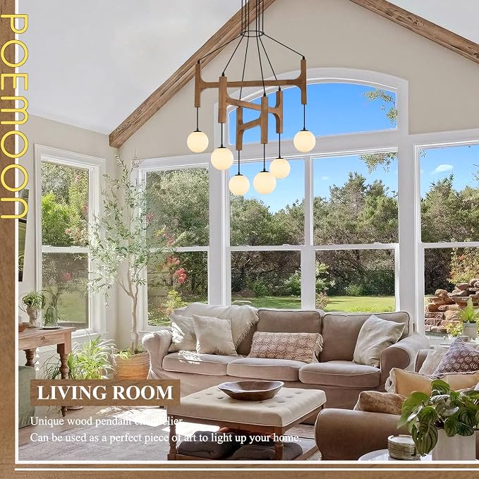 Farmhouse L28 '' Wooden Chandeliers with Milk Glass Globes Lampshades, Rustic Oak Mid Century Long Pendant Chandelier Light Fixture 6-Light for Foyer Living Dining Room Bedroom Kitchen,G9 - Image 2