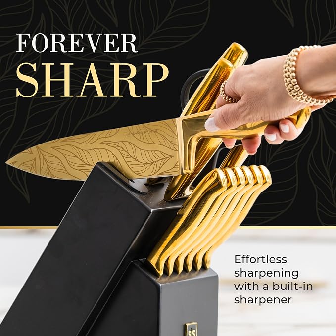 Styled Settings Gold Knives with Etched Leaves Pattern and Sharpener Block | 14-Piece Gold Titanium-Coated Blades with Beautiful Pattern, Ultra-Sharp Stainless Steel, & Stylish Kitchen Knife Block Set - Image 3