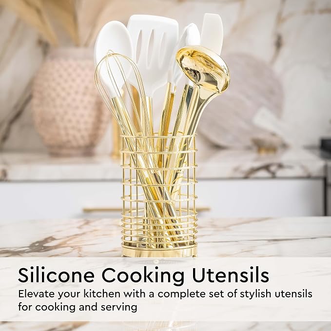 Styled Settings White and Gold Kitchen Utensils Set, 23-Piece | Stainless Steel, Gold Kitchen Accessories Include Measuring Cups, Silicone Utensils, Utensil Holder -Gold Kitchen Accessories - Image 4