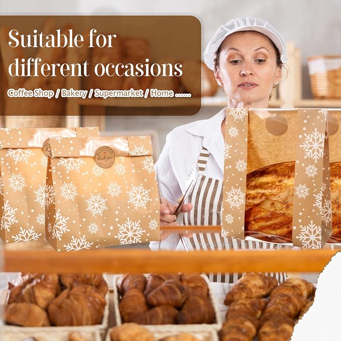 Feifeiya 100 Pack Kraft Paper Bread Bags for Homemade Sourdough Bread with Window & Stickers, 13.7x8.3 Large Bakery Bags for Loaves Greaseproof Food Packaging for Baking Gifts, Brown(Snowflake) - Image 2