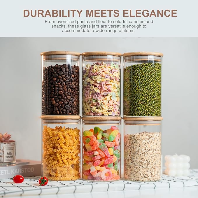 YUNCANG Glass Food Storage Jars 50oz [Set of 6],Clear Glass Food Storage Containers with Airtight Bamboo Lid Stackable Kitchen Canisters for Candy,Cookie,Rice,Sugar,Flour,Pasta - Image 6