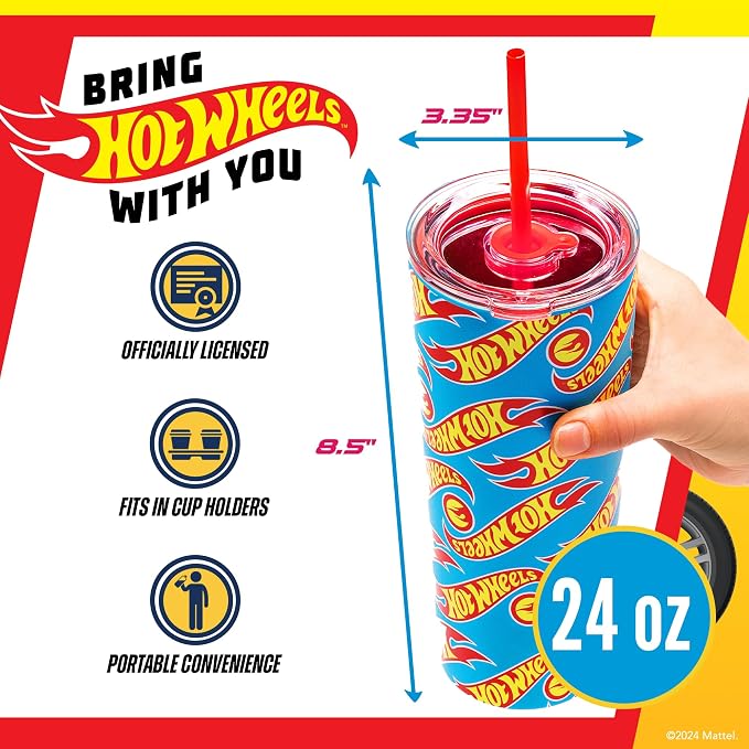 Dragon Glassware x Hot Wheels Tumbler with Straw, 24 oz - Race Team | Vacuum Insulated Stainless Steel Tumbler with Straw & Lid; Double Walled Tumbler with Straw; Hot Wheels Cup with Lid - Image 2