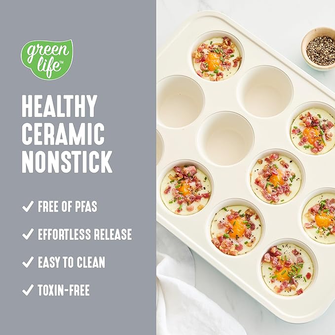 GreenLife 12-Cup Muffin Pan, Healthy Ceramic Nonstick Bakeware, PFOA & PFAS-Free Cupcake Sheet, Durable Baking Tray, Versatile Kitchen Essentials, Easy Clean Muffin Mold, Nonstick Baking Pan, 6 pack