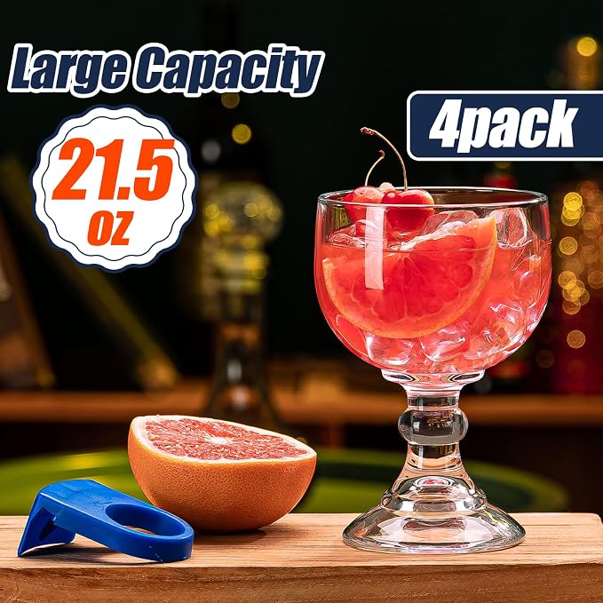 Schooner Beer Glasses 21.5 Oz Set of 4, Extra Large Margarita Glass With 4 Color Clips, Shrimp Cocktail Goblet, Large Stemmed Glasses With Thick Bottom, Crystal Clear Bar Glassware - Image 2