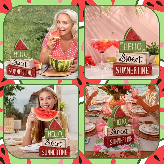 Moucuny 4 Pcs Summer Wooden Table Decor Watermelon Tiered Tray Decor Farmhouse Table Decoration Hello Sweet Watermelon Book Block Summer Decoration for Home Office Kitchen Mantel Shelf - Image 5