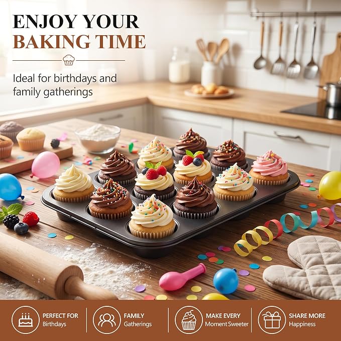 E-far 12-Cup Muffin Pan Tin, Nonstick Carbon Steel Cupcake Pan Tray | Metal Bakeware Muffin Baking Tins for Oven, Standard Size, Ideal for Muffins, Cake Tart, Brownies, Easy Clean & Non-toxic - Image 8