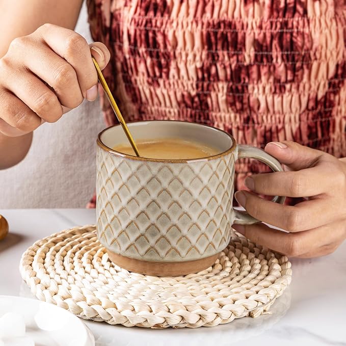 GBhome 12 OZ Stackable Coffee Mugs Set of 6, Ceramic Blue Coffee Cups Set | 3 Assorted Designs, Embossed Mugs with Texture Patterns for Tea/Coffee, Dishwasher&Microwave Safe, Pale Khaki - Image 4