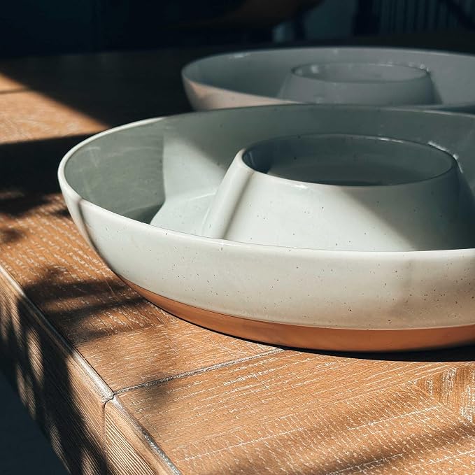 Mora Ceramic Chips and Dip Serving Tray: Large Divided Party Bowl Set for Chips & Salsa, Veggies & Dip, Fruit, Snacks, Entertaining, Hosting, etc. Minimalist Design for the Modern Hostess - Earl Grey - Image 6