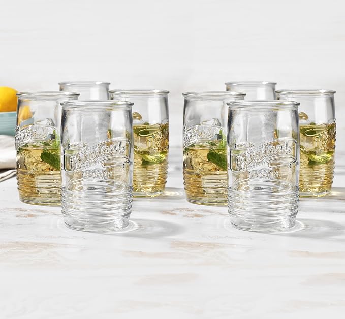 Glaver's Set of 8 Tumbler Glass Cups 20 OZ Mason Stemless Tall Drinking Glasses For Everyday Use, Modern yet Vintage Original Mason Logo Glassware for Bar, Water, Beer, Juice. - Image 3