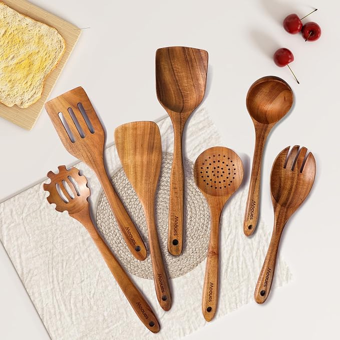 Mooues Wooden Kitchen Utensil Set, 12 Piece Natural Teak with Spoon Rest | Wooden Cooking Utensils with Comfort Grip, Smooth Durable Heat Resistant Cooking Spoons and Utensils Holder for Cooking - Image 7