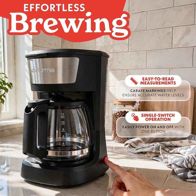Gourmia 12 Cup One-Touch Coffee Maker – Pause and Serve with Automatic Keep Warm, Easy View Water Window, Compact Design, Stainless Steel Accents, Black - Image 3