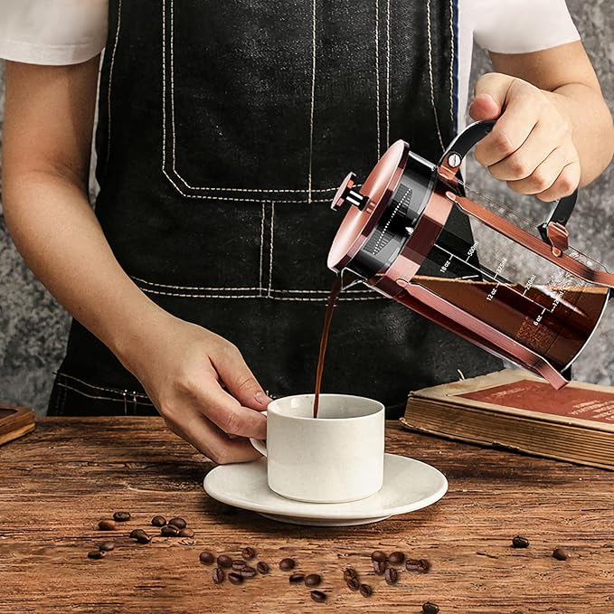 French Press Coffee Maker 304 Stainless Steel Coffee Press,with 4 Filters System, Heat Resistant Thickness Borosilicate French Press Glass, BPA-Free Brewed Tea Pot Coffee Plunger(Copper 12oz)