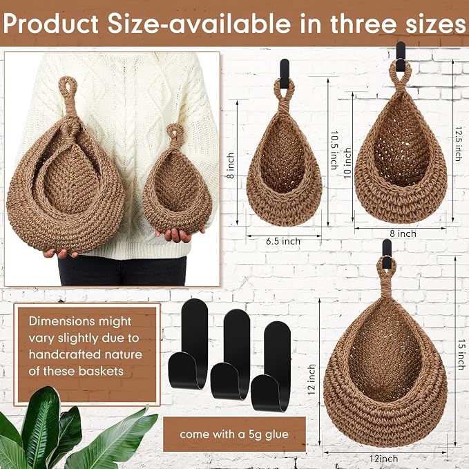 Honeydak Boho Decor Hanging Wall Baskets for Kitchen 3 Pack Teardrop Baskets with Hooks Storage Fruit Onion Vegetable Potato for Home 3 Sizes(Linen,Teardrop,Jute) - Image 3